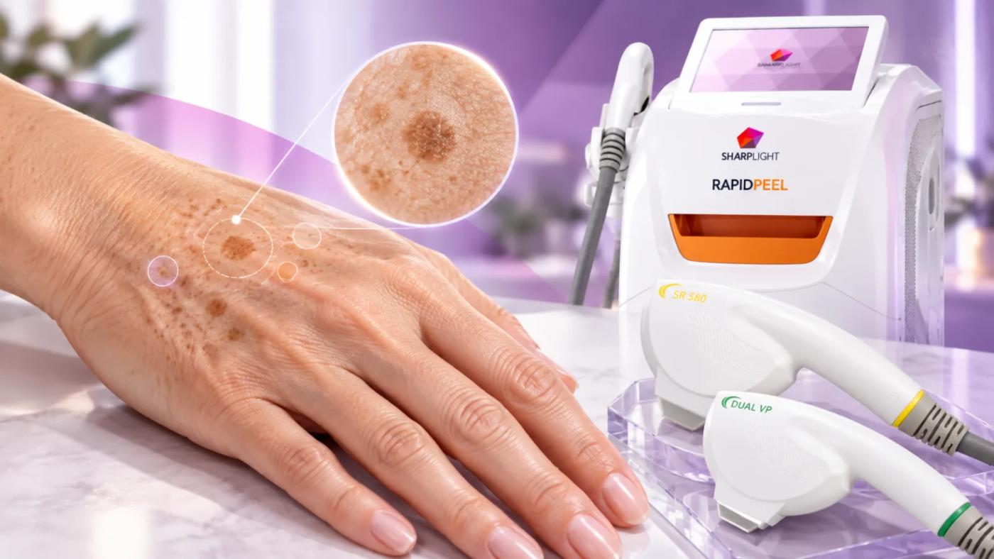 Close-up of sun spots on the back of a hand beside a SharpLight Rapid Peel system with SR 580 and Dual VP handpieces.