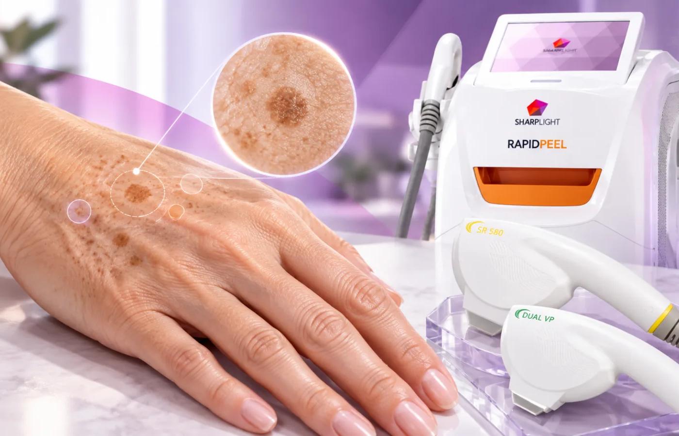Close-up of sun spots on the back of a hand beside a SharpLight Rapid Peel system with SR 580 and Dual VP handpieces.