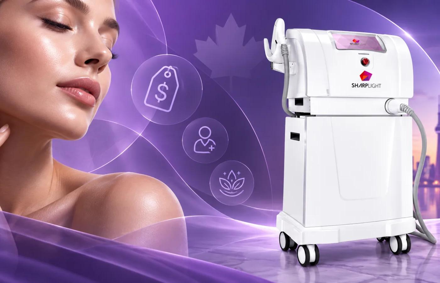 Woman considering the cost of professional skin rejuvenation treatments beside a SharpLight aesthetic workstation in a Canadian clinic setting.