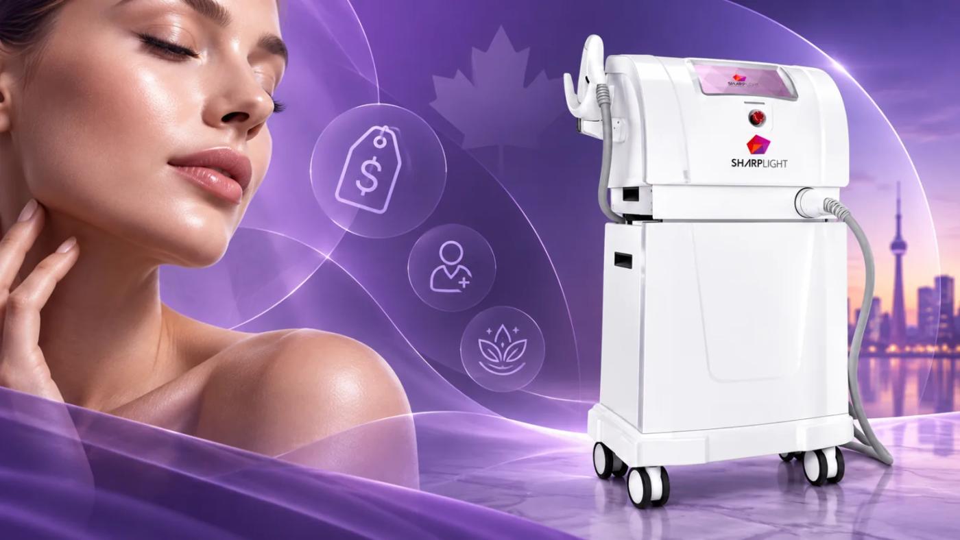 Woman considering the cost of professional skin rejuvenation treatments beside a SharpLight aesthetic workstation in a Canadian clinic setting.