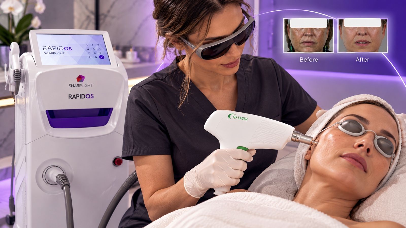 A practitioner performs a carbon peel facial using the SharpLight Rapid QS laser and QS Laser handpiece, with before-and-after facial results shown.