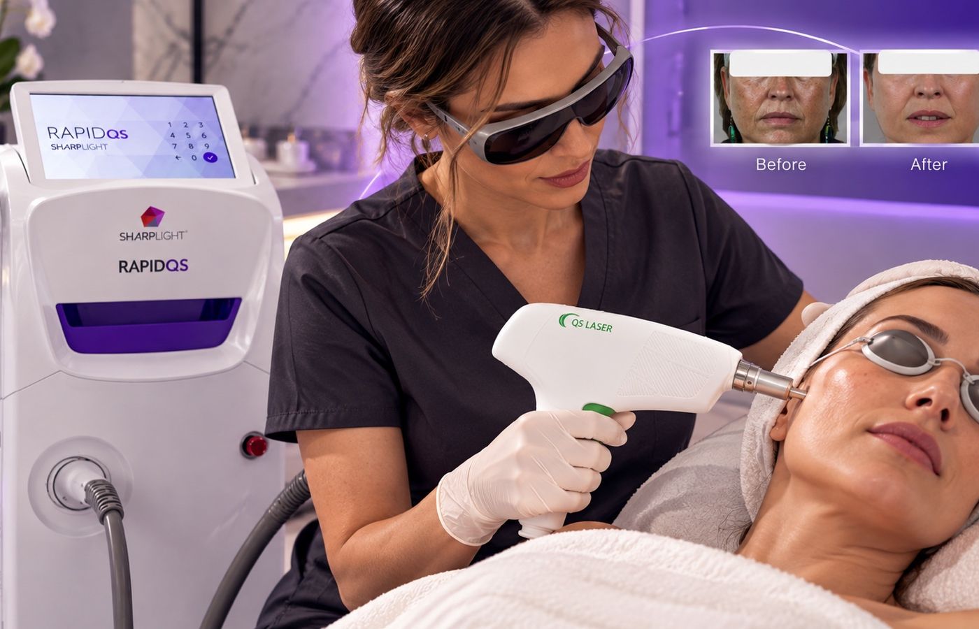 A practitioner performs a carbon peel facial using the SharpLight Rapid QS laser and QS Laser handpiece, with before-and-after facial results shown.