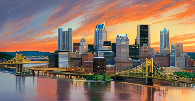 A panoramic view of Pittsburgh's skyline at sunset with buildings reflecting vibrant colors in the water.