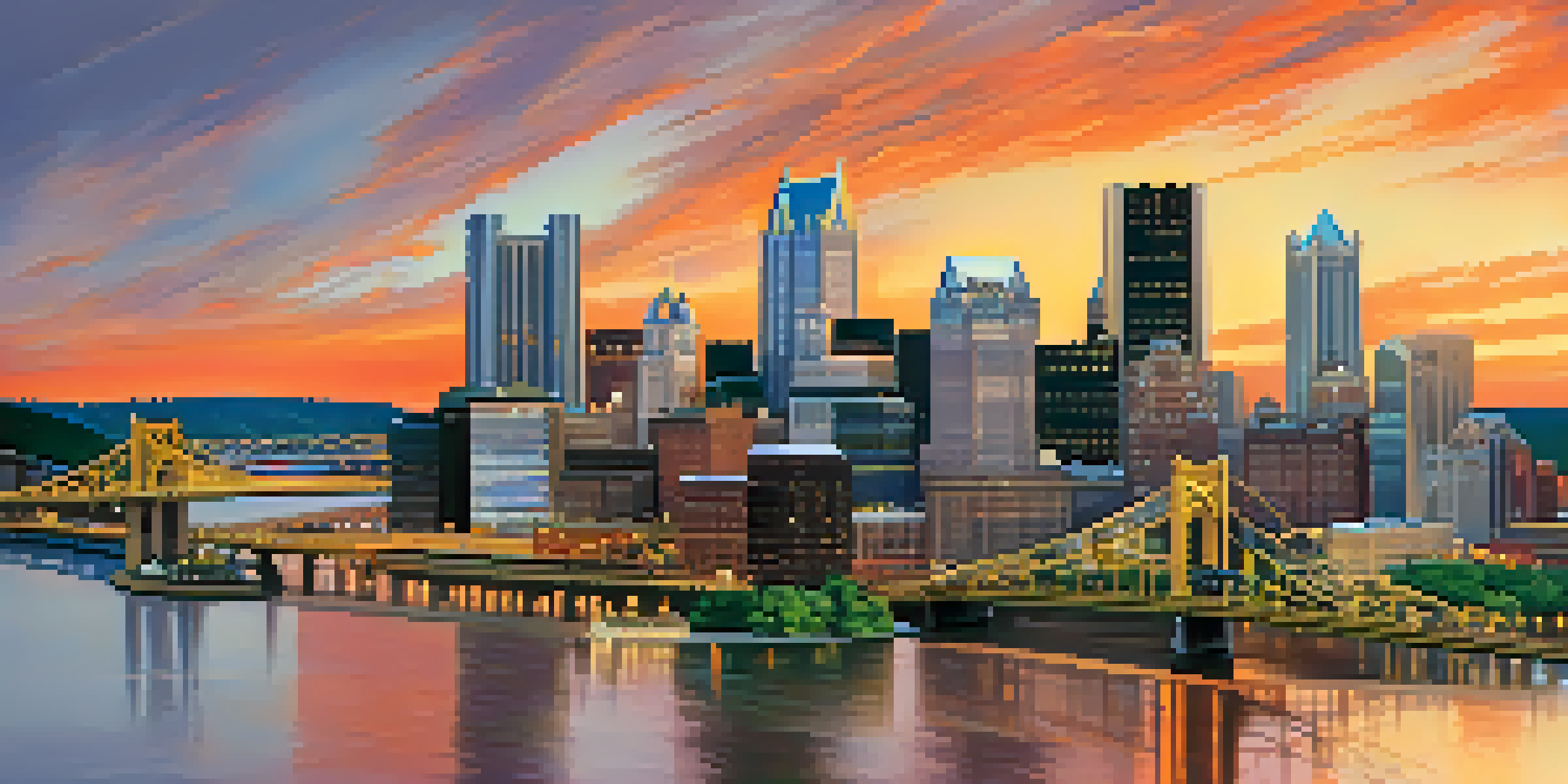 A panoramic view of Pittsburgh's skyline at sunset with buildings reflecting vibrant colors in the water.