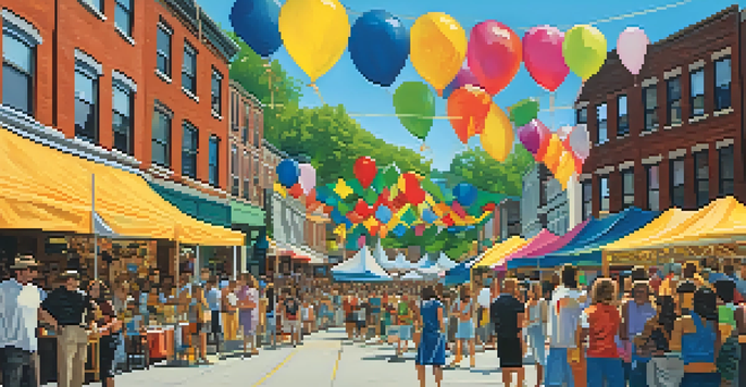 A bustling street scene at the Three Rivers Arts Festival in Pittsburgh, with diverse artists and a lively crowd enjoying the festival.