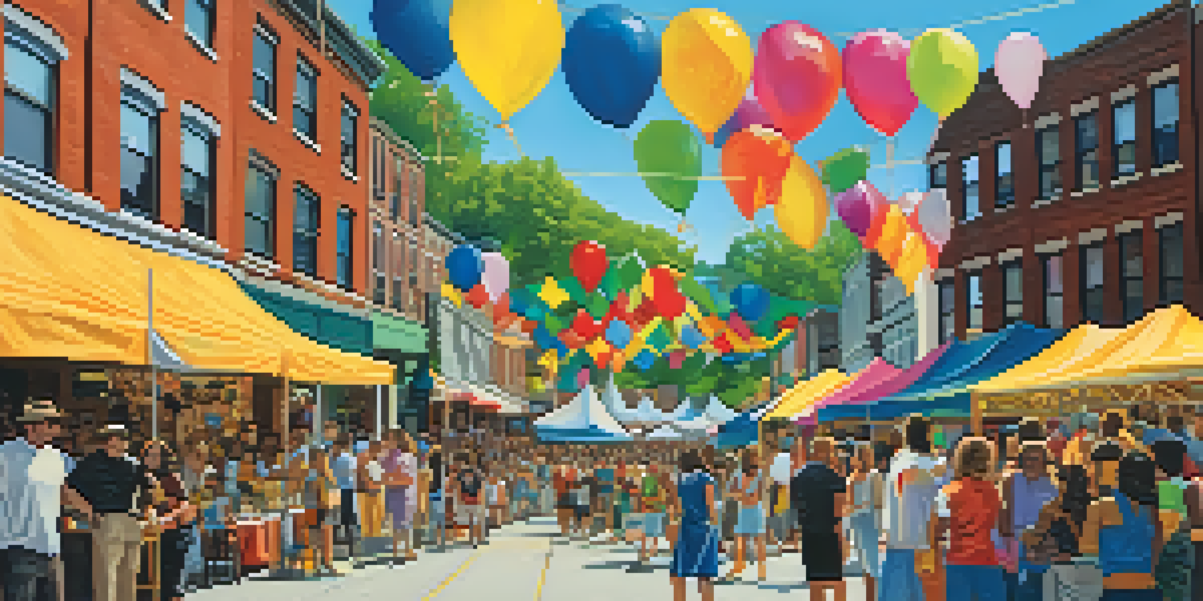 A bustling street scene at the Three Rivers Arts Festival in Pittsburgh, with diverse artists and a lively crowd enjoying the festival.