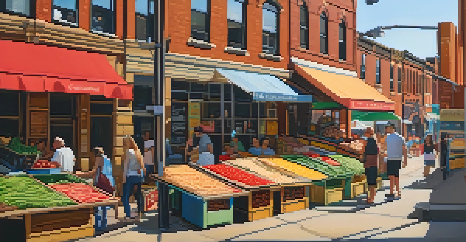 A busy market scene in Pittsburgh's Strip District with colorful stalls and diverse people enjoying the vibrant atmosphere.