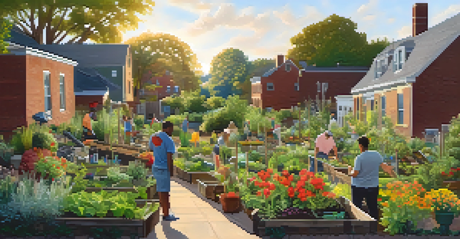 A peaceful community garden in Pittsburgh with families working together among plants and flowers, illuminated by warm afternoon sunlight.