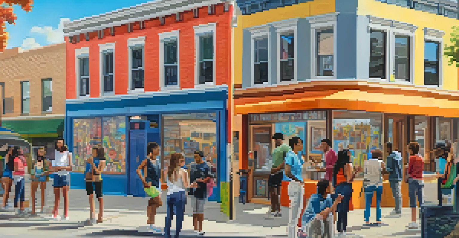 College students collaborating with local residents in a lively neighborhood, conducting surveys and discussing community projects, with colorful murals in the background.