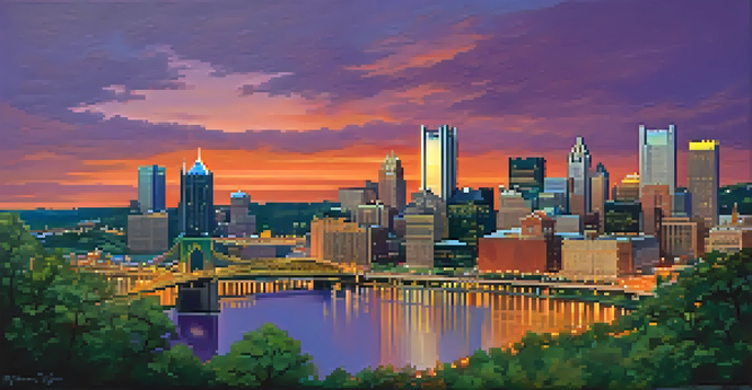 A sunset view of Pittsburgh's North Side skyline with modern skyscrapers and historic buildings, and green parks in the foreground.