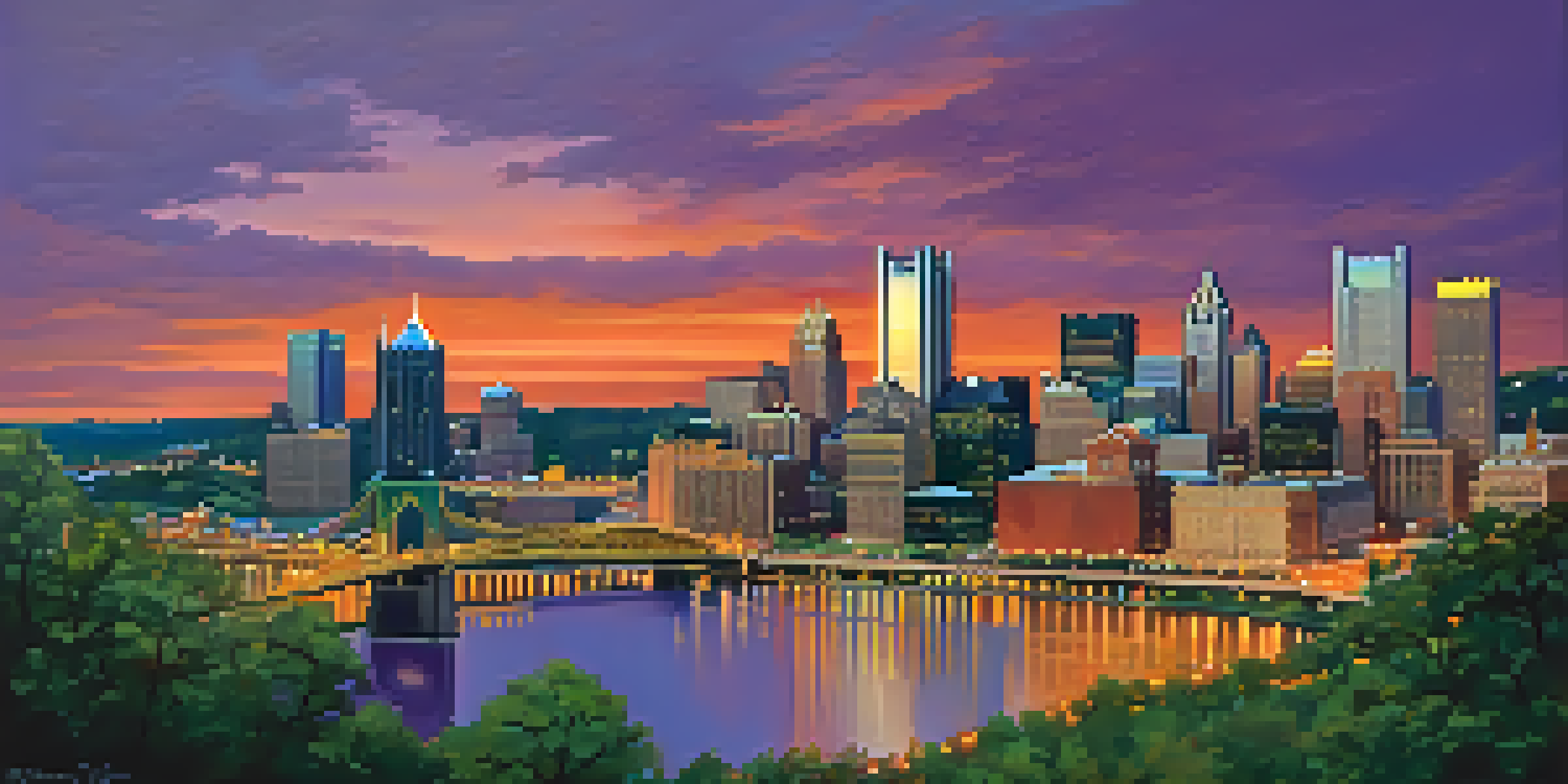 A sunset view of Pittsburgh's North Side skyline with modern skyscrapers and historic buildings, and green parks in the foreground.