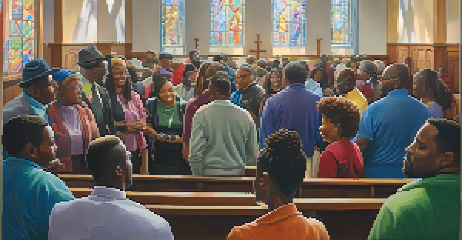 A community gathering in an African American church with attendees engaging in a mentorship program and sharing stories.
