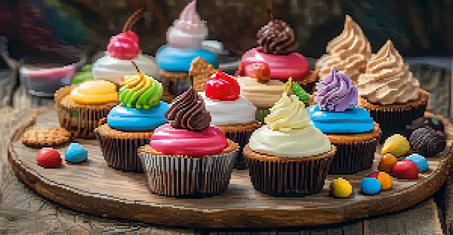 A platter of assorted vegan desserts, including cupcakes and cookies, displayed on a wooden table.