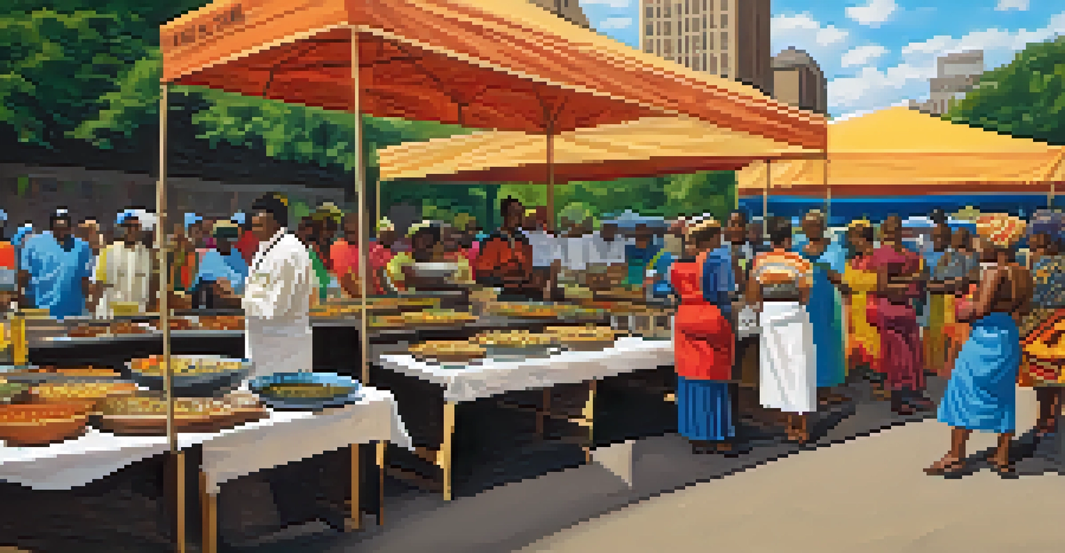 A lively food festival showcasing various African dishes with people participating in cooking demonstrations and enjoying traditional dance performances.