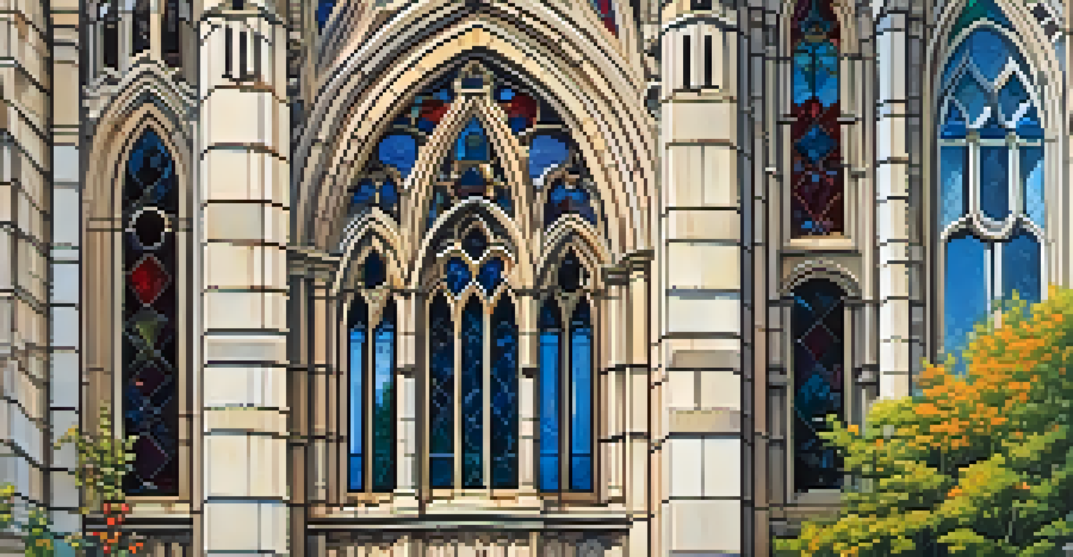 Close-up of an ornate church facade in Pittsburgh, showcasing intricate stone carvings and stained glass windows in soft morning light.