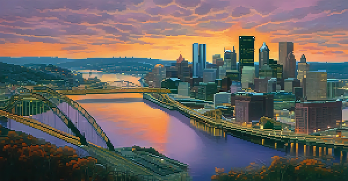A sunset view of Pittsburgh's skyline with diverse people discussing in the foreground.