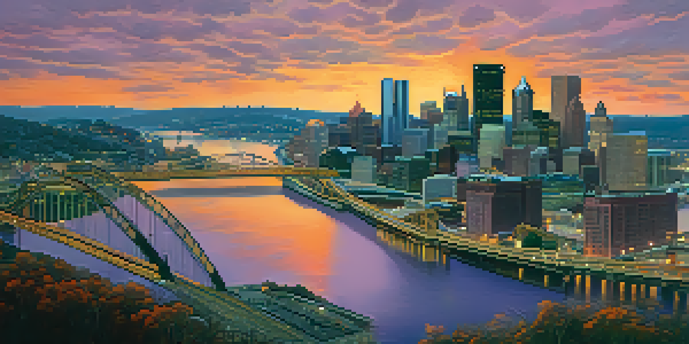 A sunset view of Pittsburgh's skyline with diverse people discussing in the foreground.