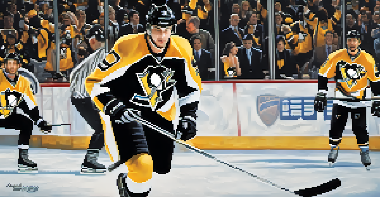 A Pittsburgh Penguins player in motion on the ice, with cheering fans in the background, showcasing the excitement of hockey.