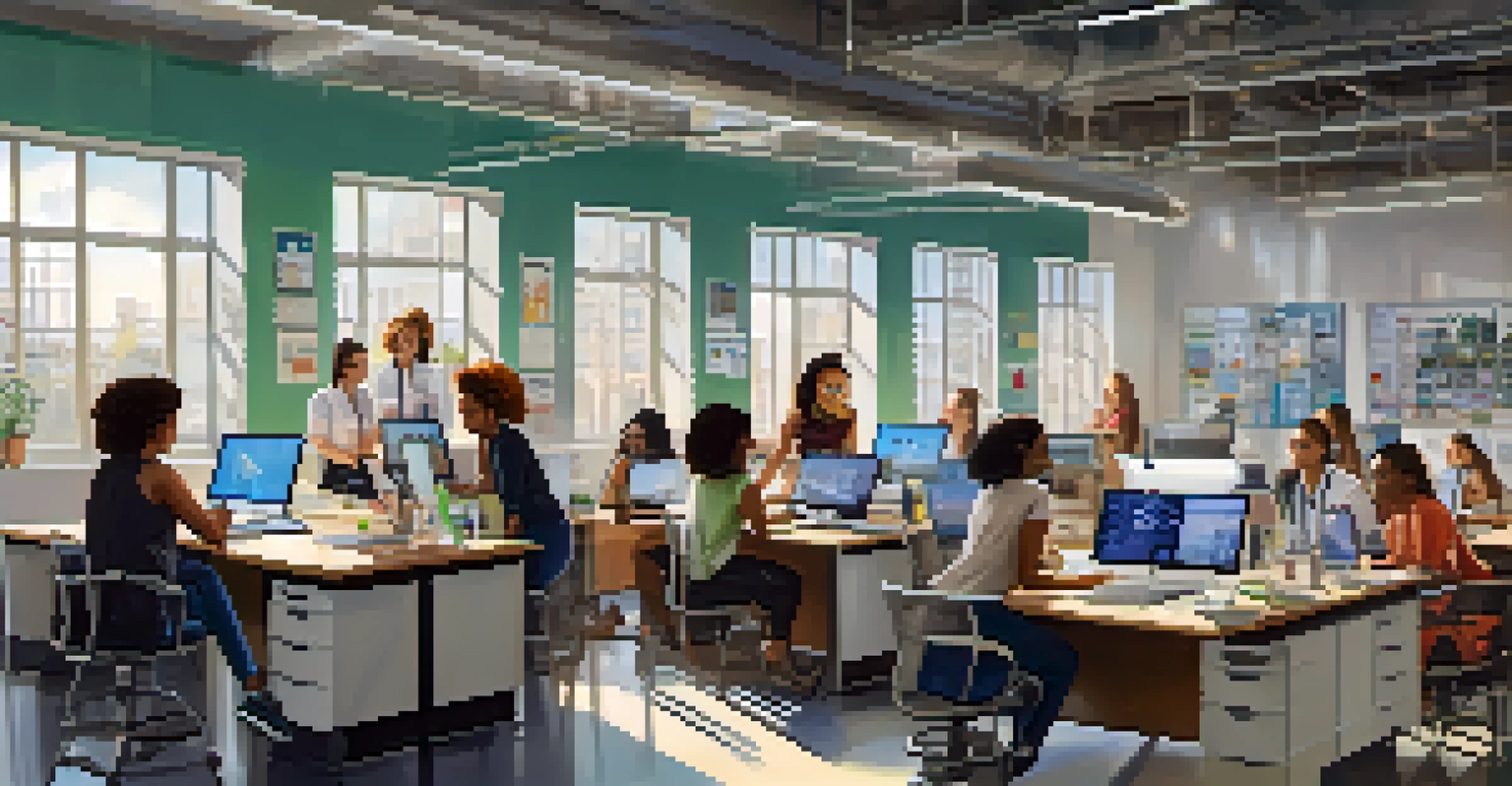 Diverse women in a modern workspace working on STEM activities with laptops and scientific equipment, illuminated by natural light.