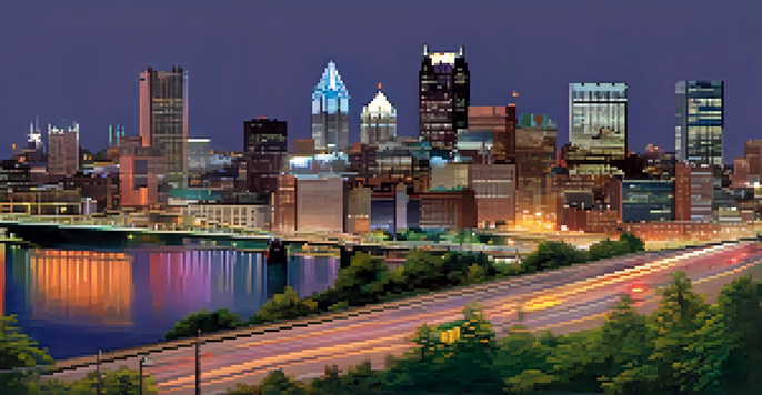 A panoramic view of Pittsburgh's skyline at dusk with illuminated skyscrapers and a public bus in the foreground displaying digital information.