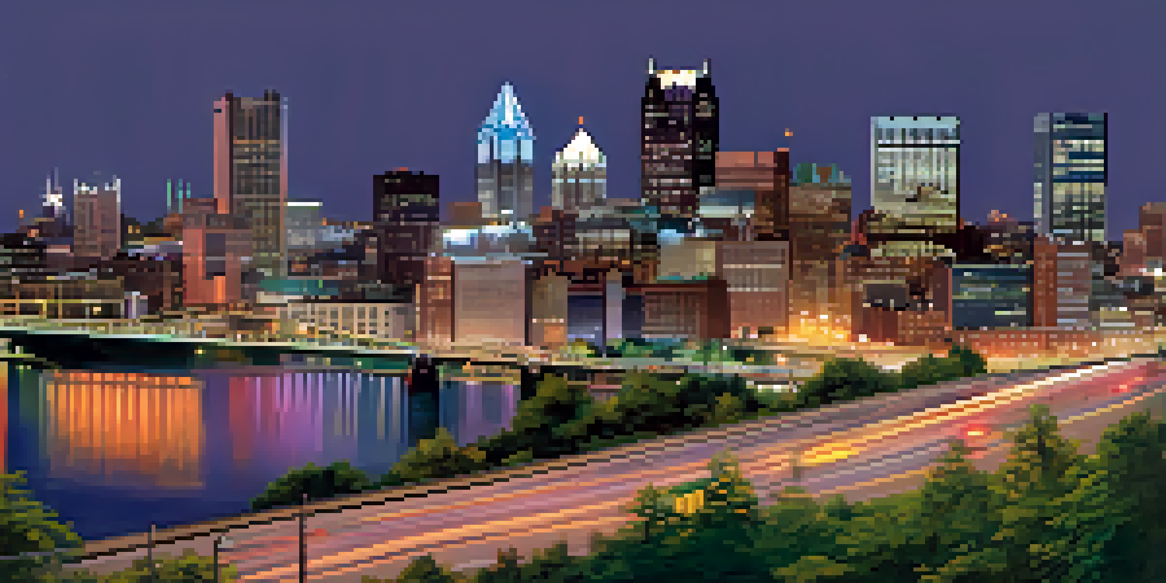 A panoramic view of Pittsburgh's skyline at dusk with illuminated skyscrapers and a public bus in the foreground displaying digital information.