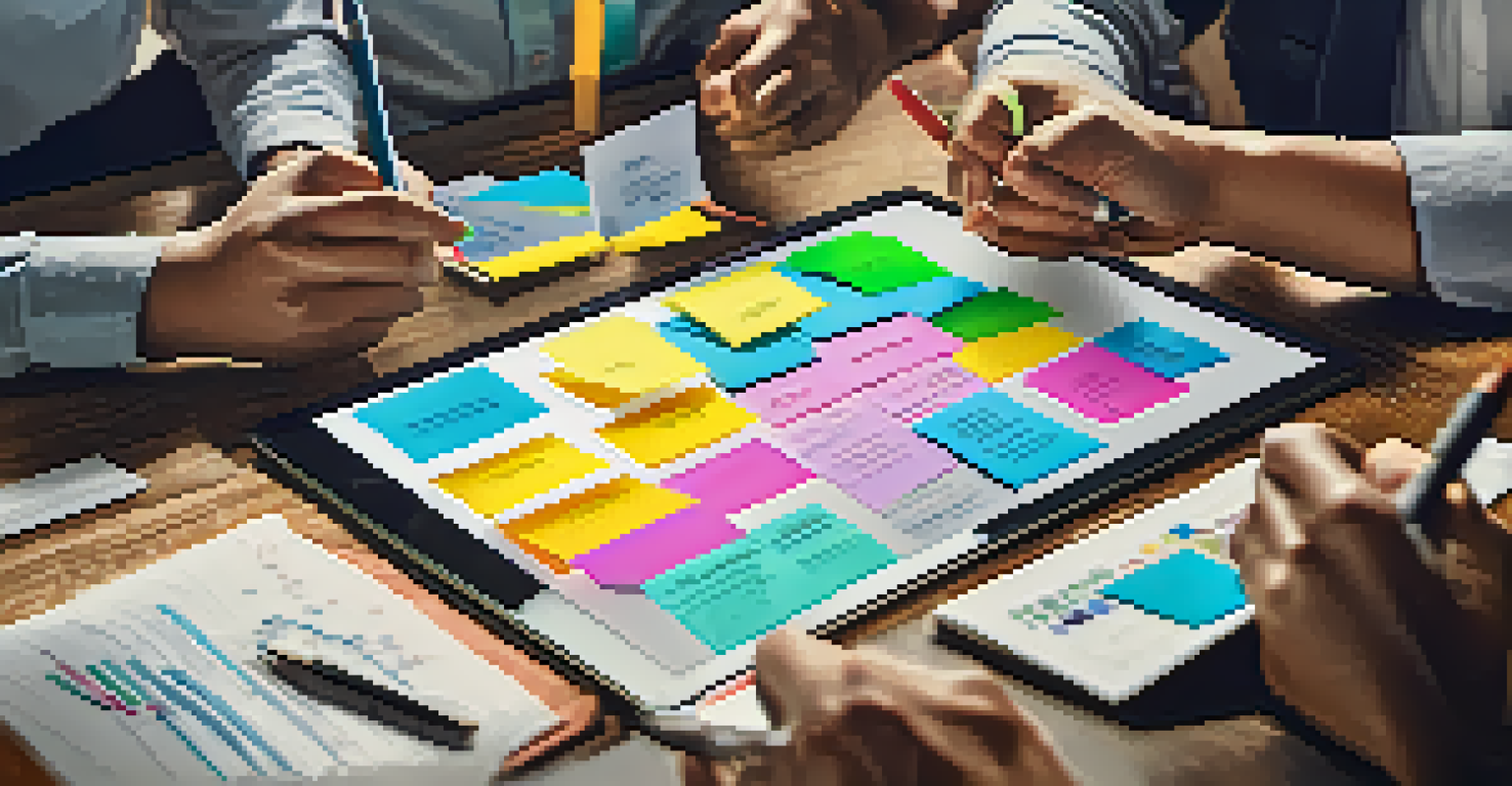 A startup team brainstorming with a digital tablet and colorful sticky notes on a wooden table in a bright room.