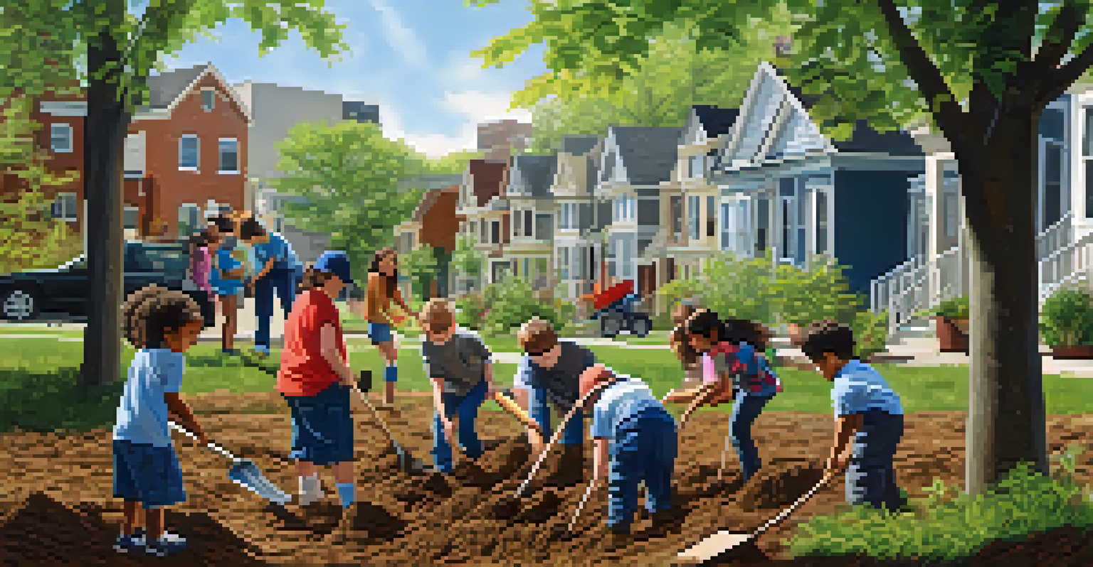 Children planting trees in a Pittsburgh neighborhood with adults assisting them under sunny weather.