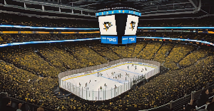 A lively hockey game at PPG Paints Arena with enthusiastic fans in black and gold jerseys, cheering and celebrating.