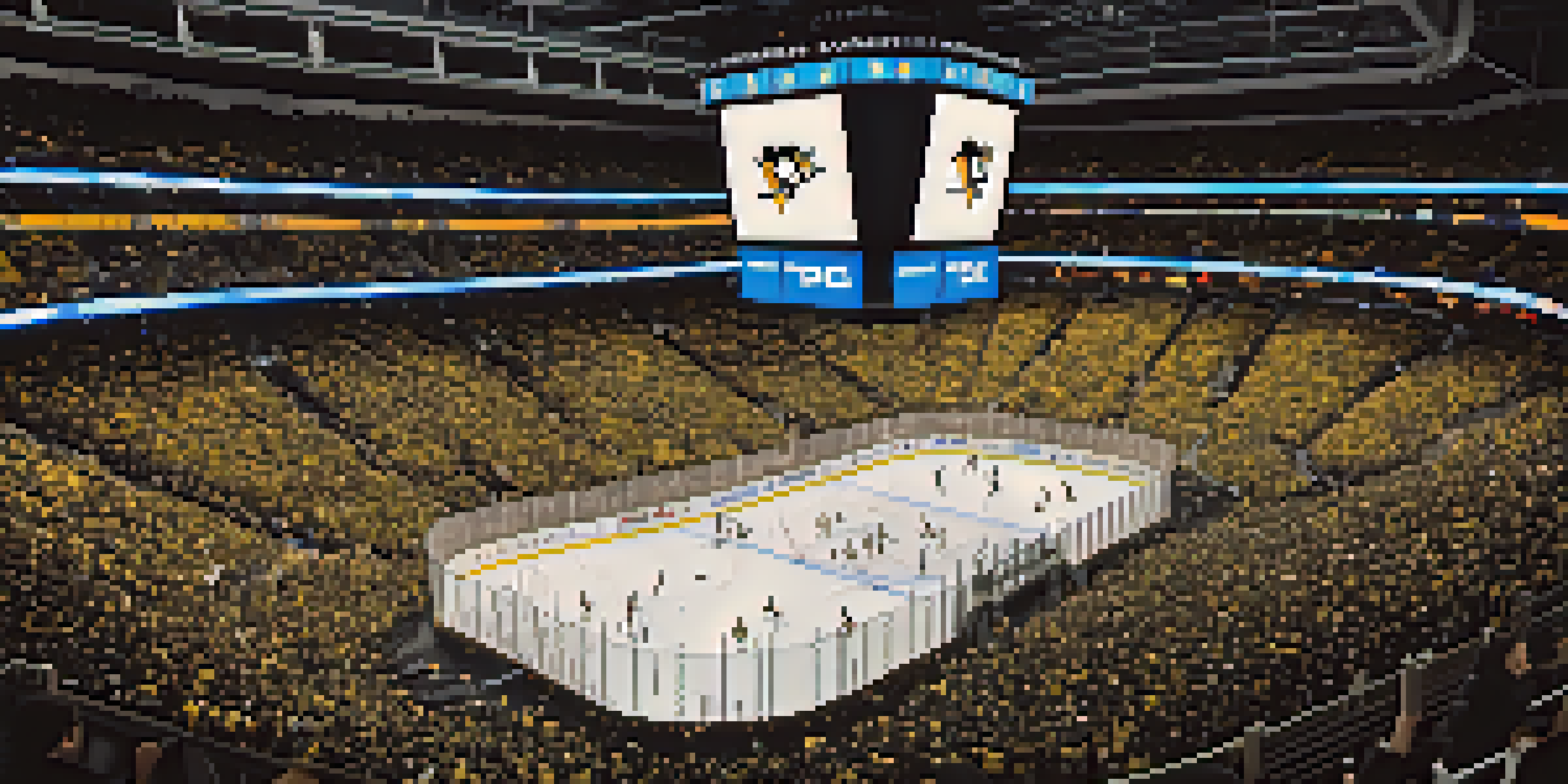 A lively hockey game at PPG Paints Arena with enthusiastic fans in black and gold jerseys, cheering and celebrating.