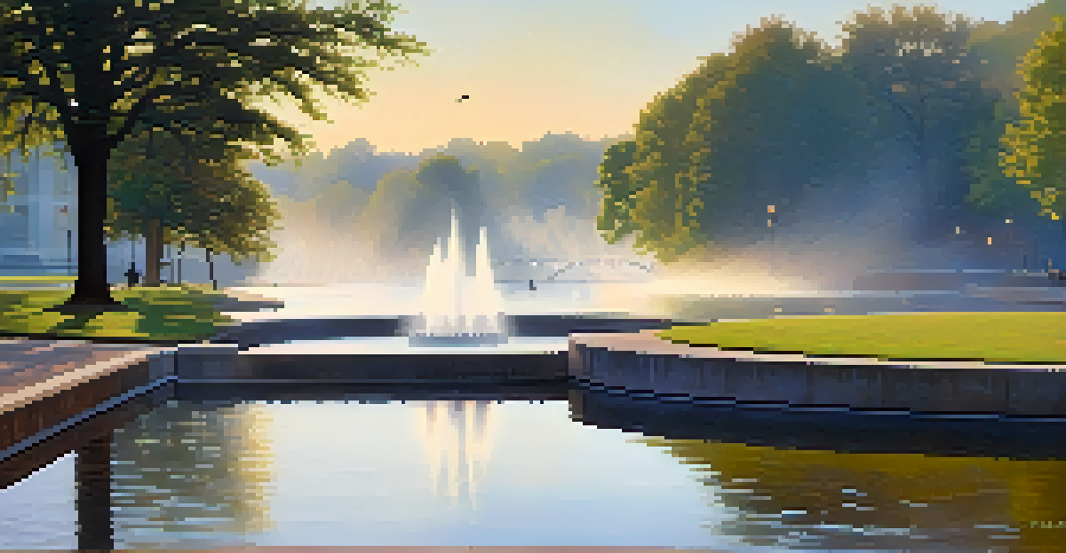 A peaceful morning at Point State Park with mist over the rivers, the fountain flowing, and soft dawn light illuminating the pathways.