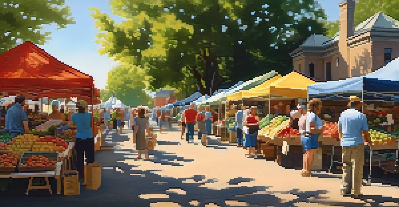 A vibrant farmer's market scene along Pittsburgh's Heritage Trail with vendors and visitors.