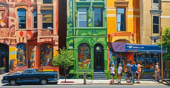 A lively street in Pittsburgh with colorful murals and an artist painting, surrounded by greenery and art lovers.