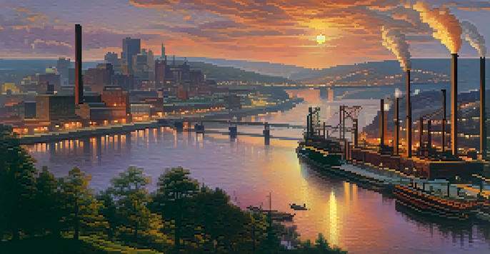 A historical cityscape of Pittsburgh with steel mills, smokestacks, and a river filled with steam-powered boats during sunset.