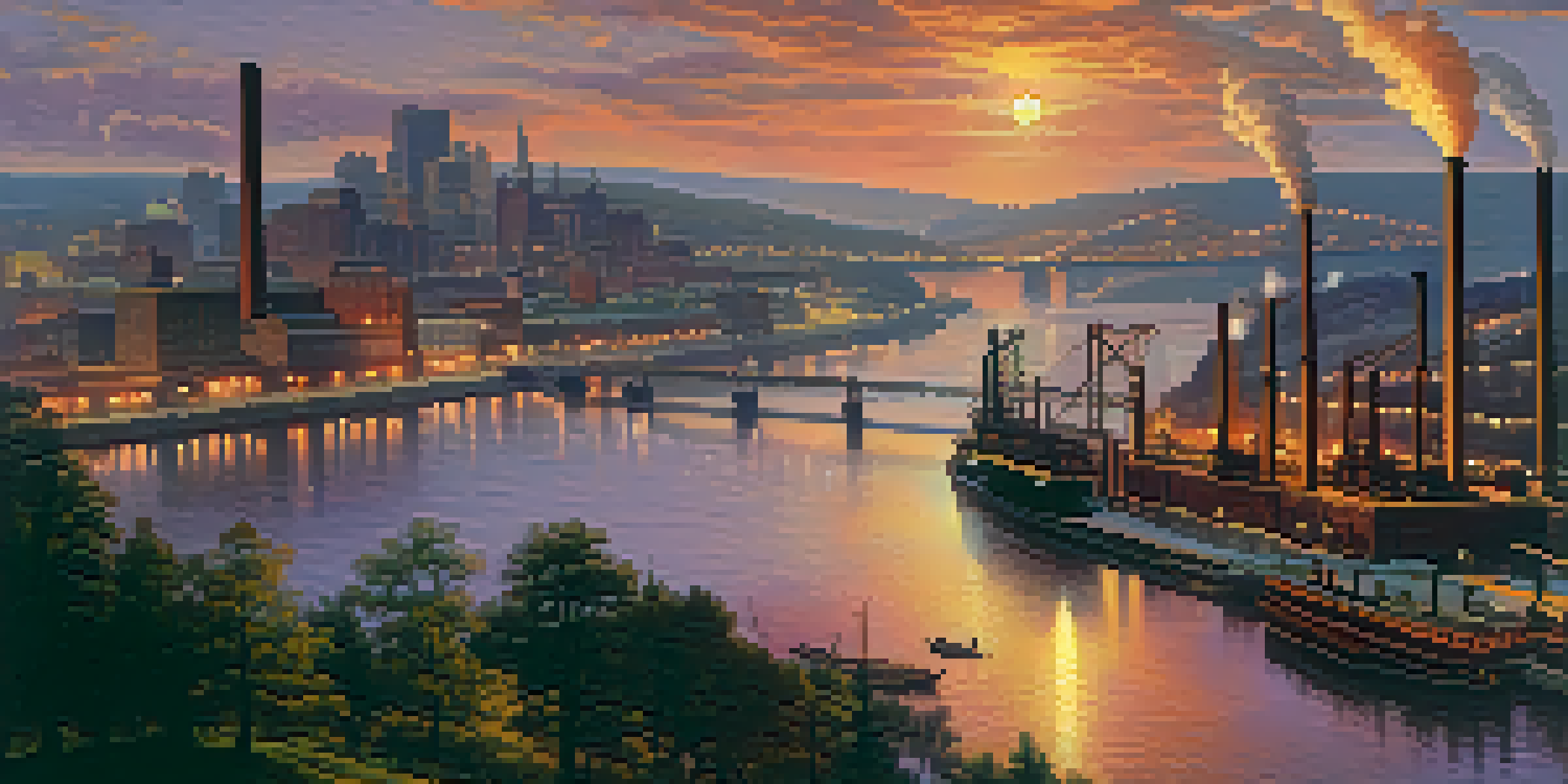 A historical cityscape of Pittsburgh with steel mills, smokestacks, and a river filled with steam-powered boats during sunset.