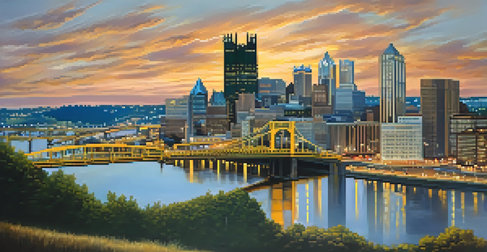 A panoramic view of Pittsburgh's skyline at sunset, highlighting steel structures and a lively street scene.