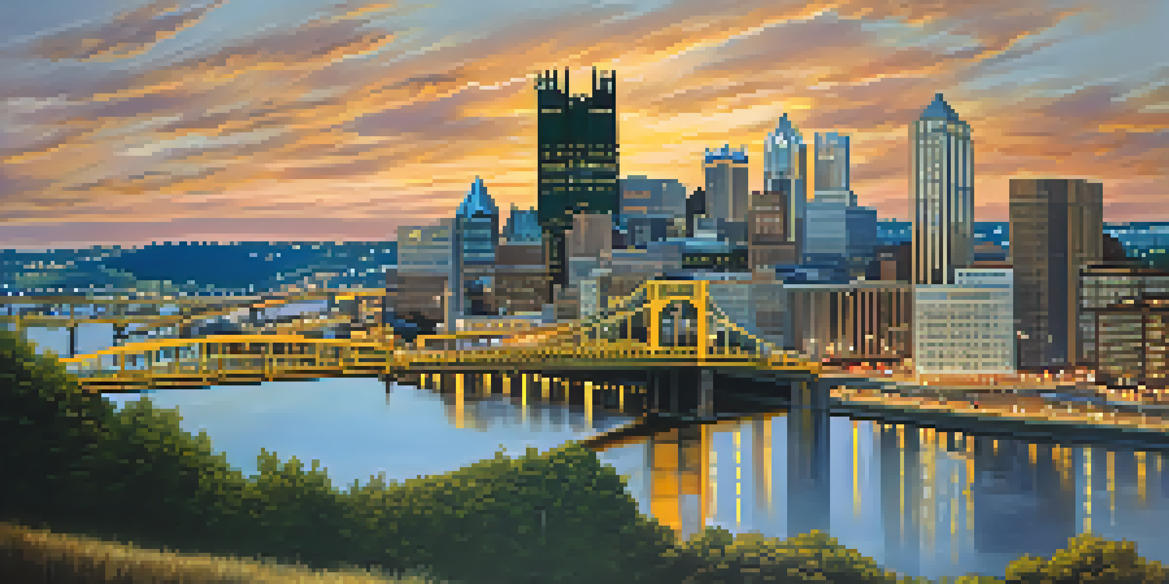 A panoramic view of Pittsburgh's skyline at sunset, highlighting steel structures and a lively street scene.