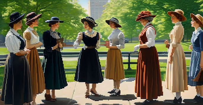 A group of diverse women in early 20th century clothing discussing in a park in Pittsburgh, with vintage buildings and sunlight filtering through trees.