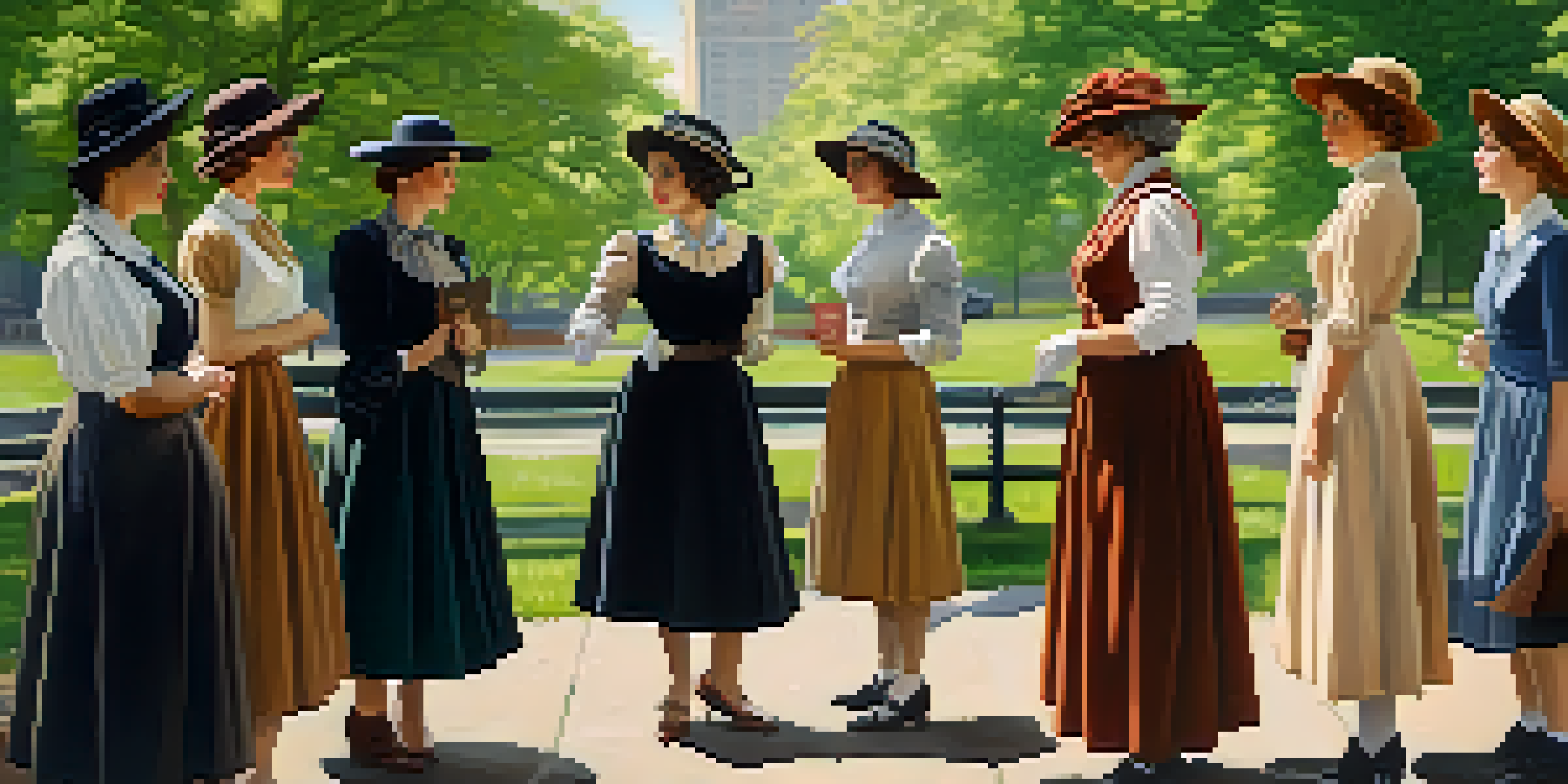 A group of diverse women in early 20th century clothing discussing in a park in Pittsburgh, with vintage buildings and sunlight filtering through trees.
