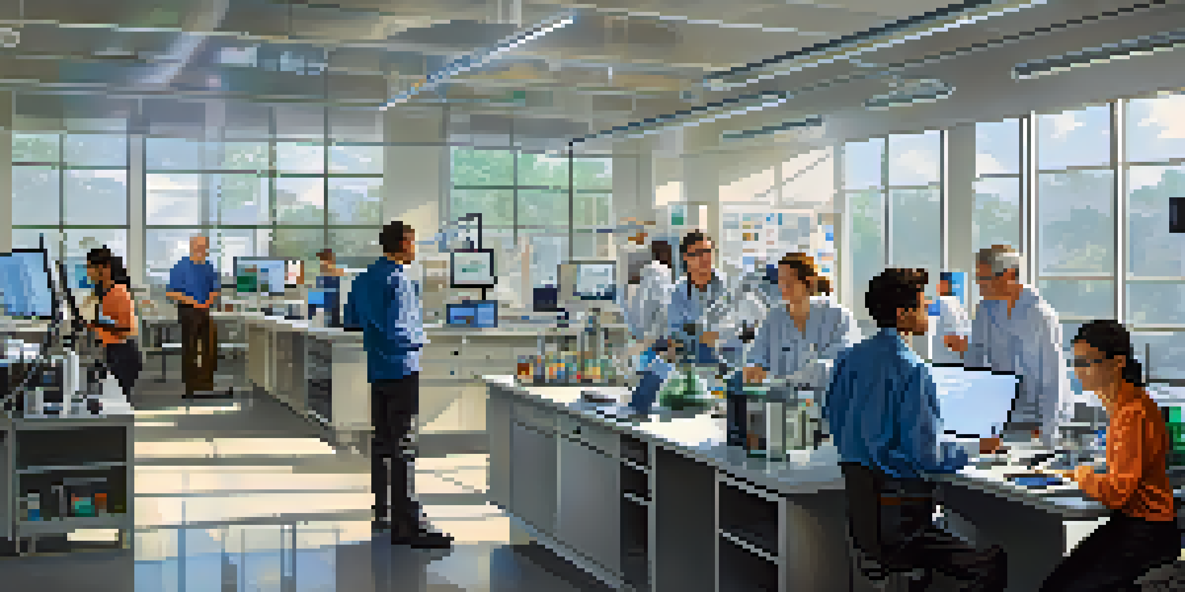 A diverse group of researchers collaborating in a modern lab, filled with technology and natural light.
