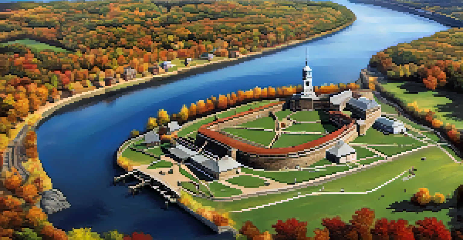 Aerial view of Fort Duquesne highlighting its strategic location at the river confluence, surrounded by colorful fall trees and visitors.