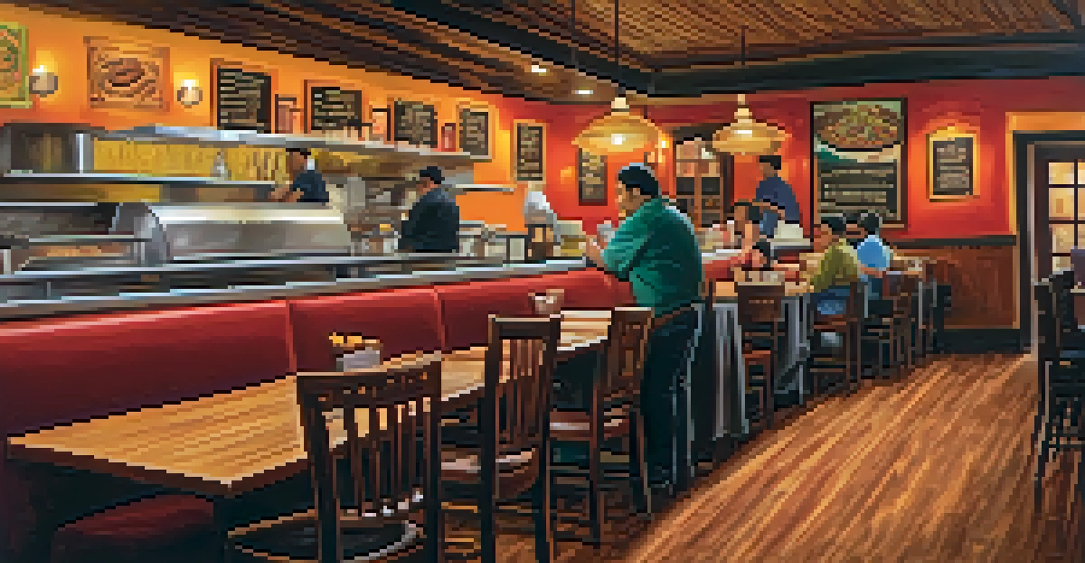 The interior of a Latino restaurant with wooden tables, colorful artwork, and a chef cooking traditional dishes, creating a warm and inviting atmosphere.