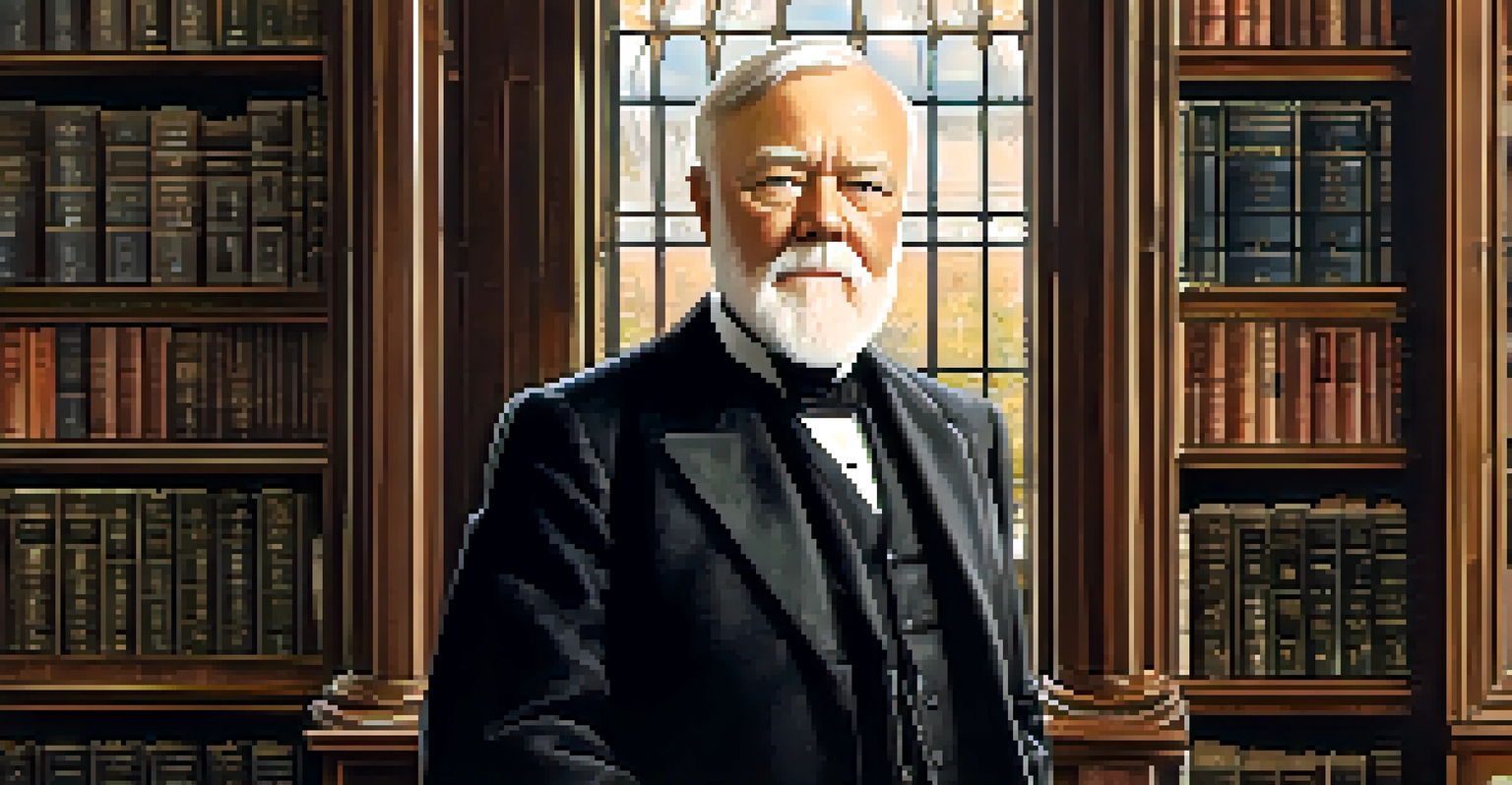 A portrait of Andrew Carnegie in a grand library, showcasing his distinguished features and the warm ambiance of the setting.