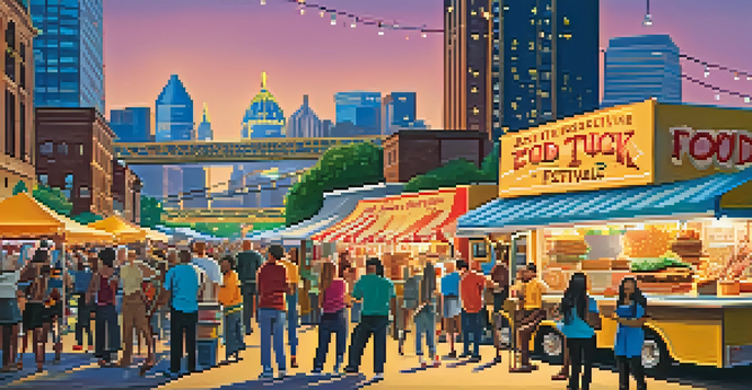 A lively food truck festival in Pittsburgh, with colorful food trucks, people enjoying food, and string lights.