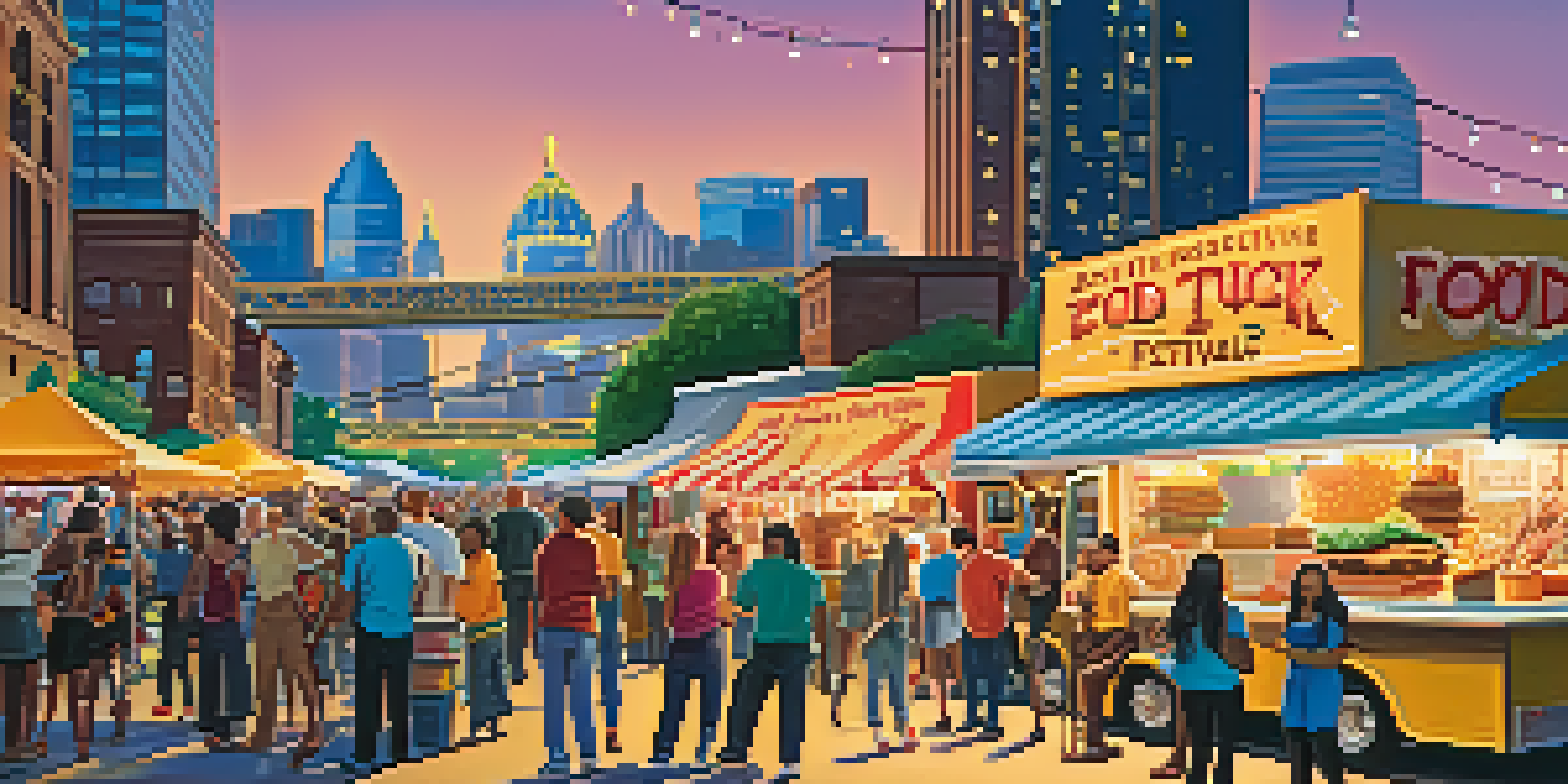 A lively food truck festival in Pittsburgh, with colorful food trucks, people enjoying food, and string lights.