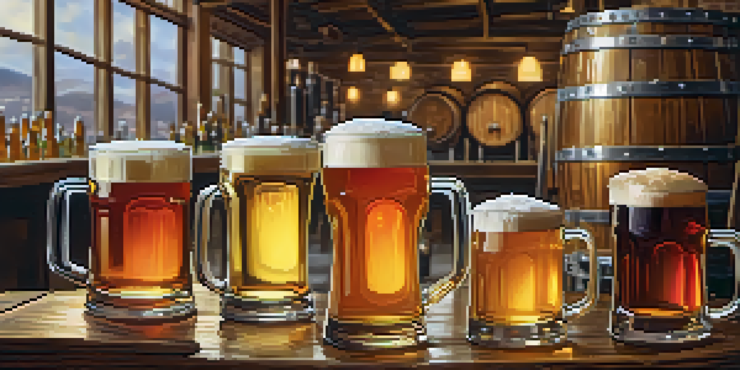 A colorful brewery scene with craft beers on a table, patrons enjoying drinks, and brewing equipment in the background.
