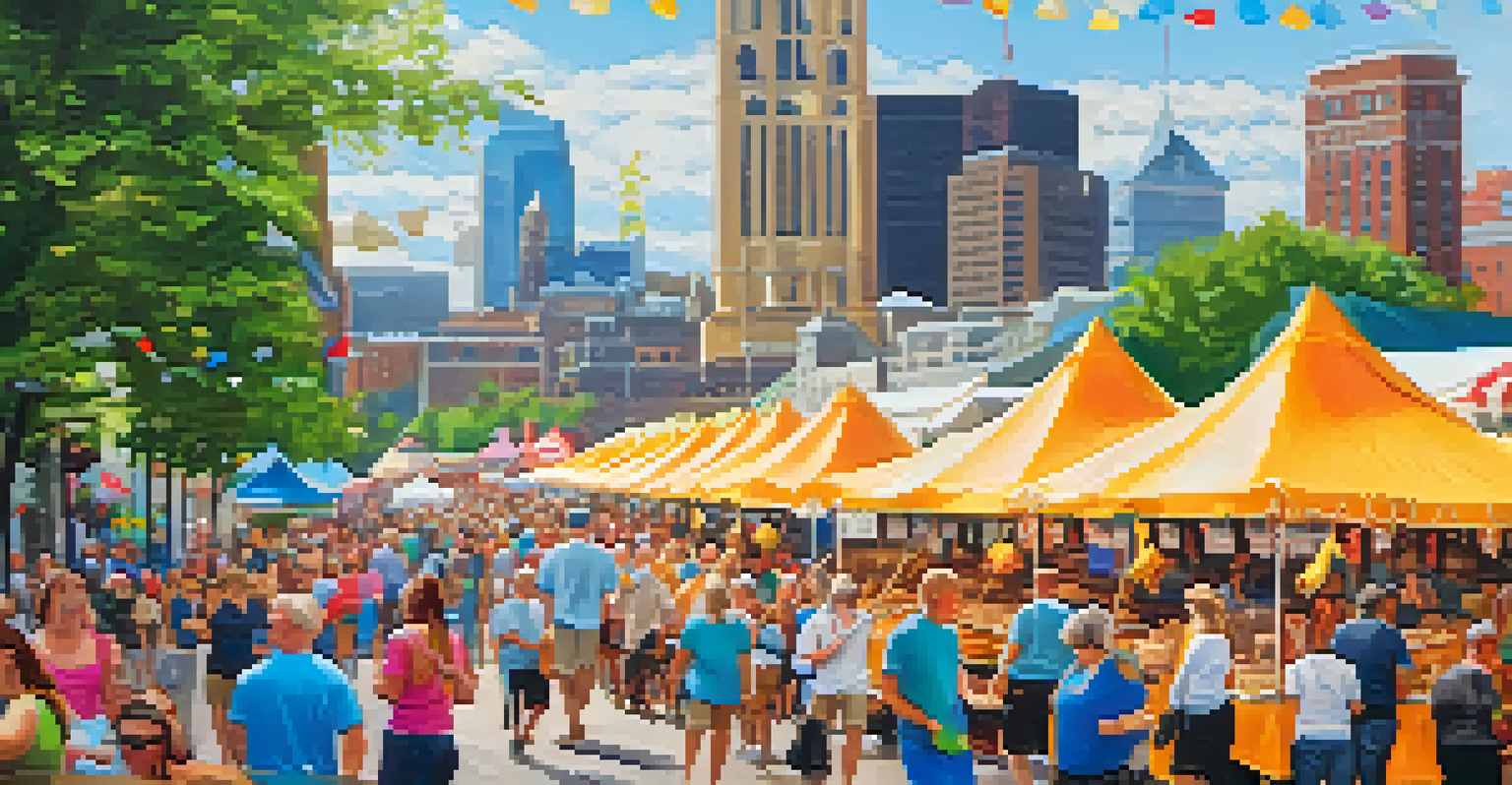 A colorful festival scene with tents, booths, and people enjoying pierogi dishes, with music performances in the background.