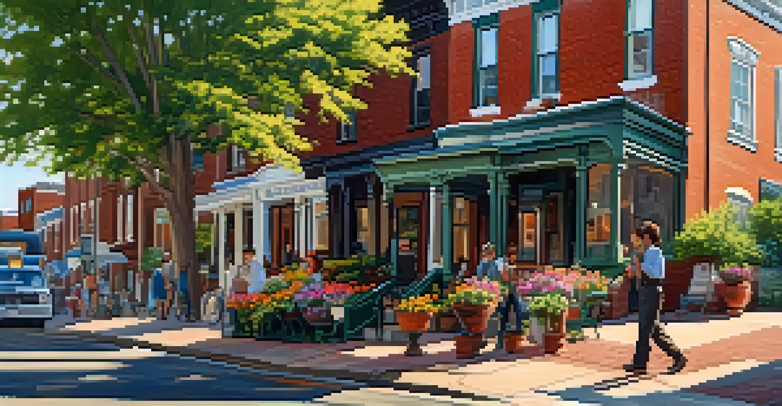 A picturesque street in Lawrenceville, Pittsburgh, featuring Victorian homes and a local café with outdoor seating.