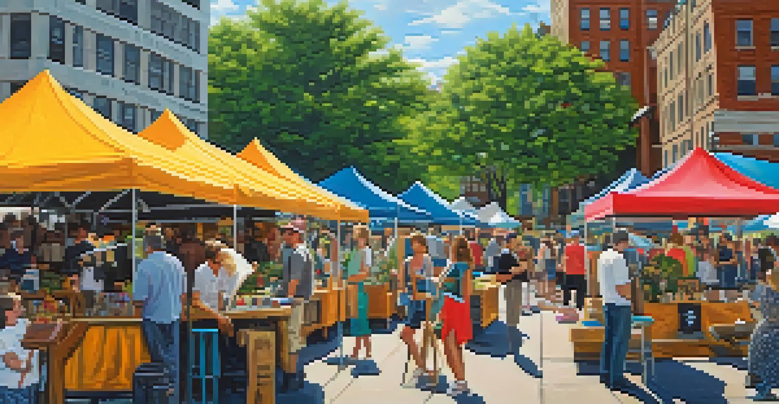 An outdoor art festival in Pittsburgh with colorful booths, artists interacting with visitors, and live music performances against a sunny backdrop.