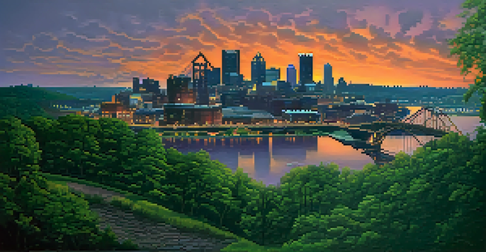 A panoramic view of Pittsburgh's skyline at sunset, featuring old steel factories and a vibrant sky.