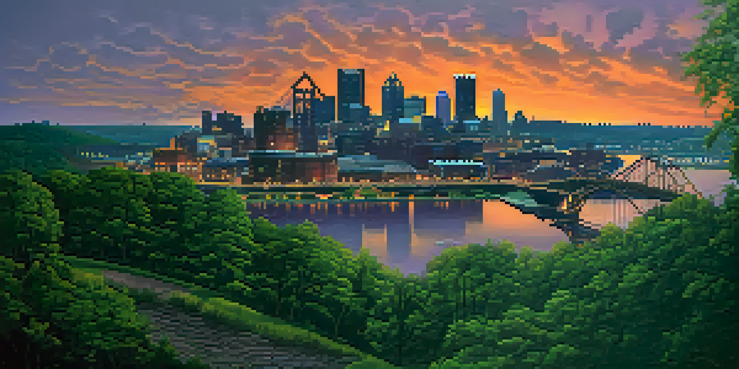 A panoramic view of Pittsburgh's skyline at sunset, featuring old steel factories and a vibrant sky.